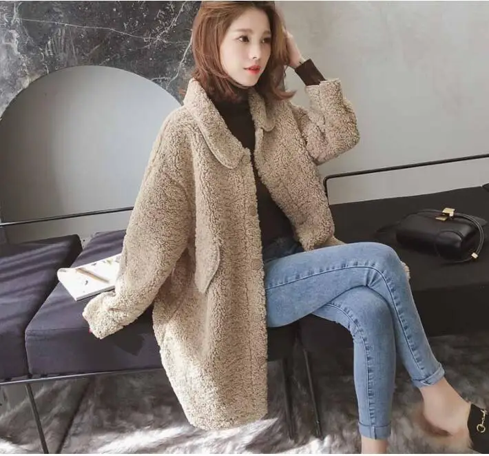 

Women Turndown Collar Faux Lambswool Long Coat 2018 Autumn Winter Female Long Sleeve Warm Jacket Fashion Casual Overcoat