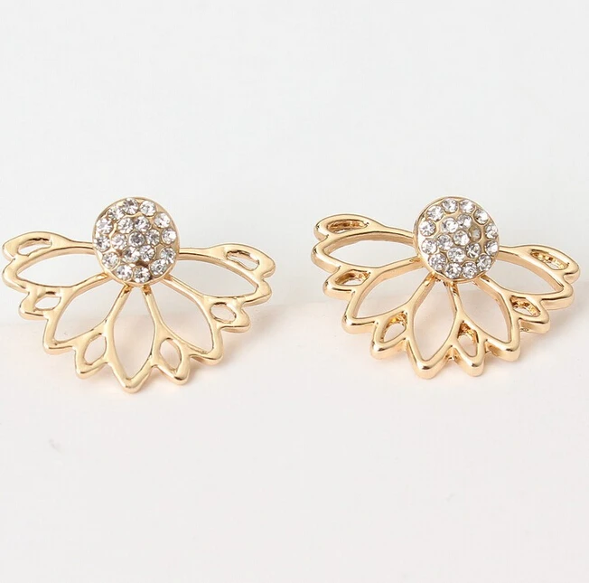 Женские серьги гвоздики с перфорацией каффы золотого цвета в форме листьев