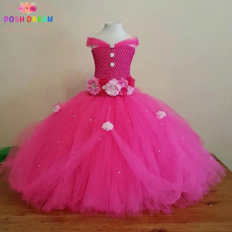 POSH DREAM Beautiful Hot Pink Princess Tutu Dress Kids Girls Ball Gown with Rhinestone Perfect for Weddings Flower Girl Dresses | Детская