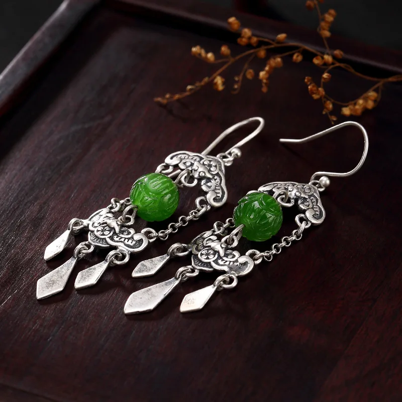 2018 New silver S925 pure antique mosaic and jade lotus flower plum blossom in front of Lady earrings earrings. | Украшения и