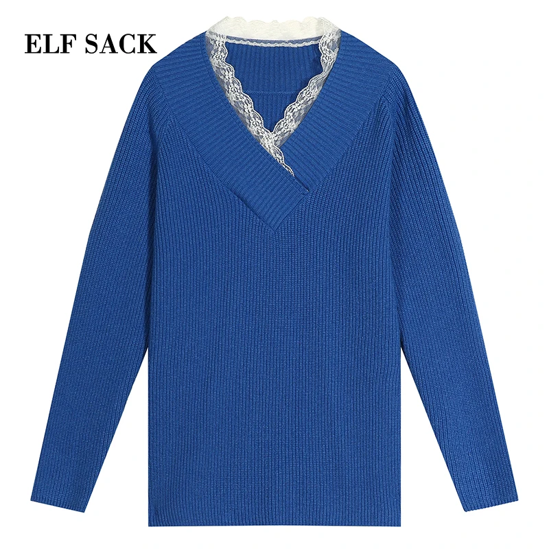 Женский свитер ELFSACK свободный кружевной ручной вязки с треугольным вырезом 2019 |