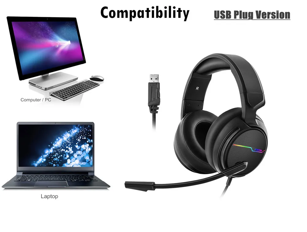 Xiberia V20 USB 7,1, гарнитура с объемным звуком, бас с микрофоном, светодиодный, игровые наушники для геймера, компьютера, ноутбука, ПК, Mac