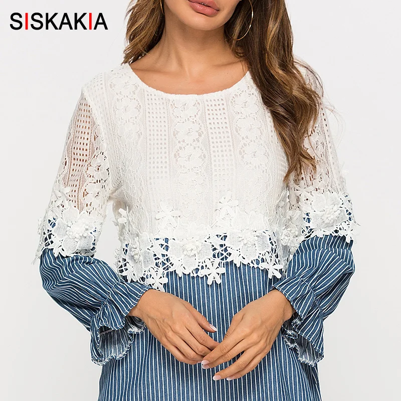 Siskakia, модные кружевные полосатые Лоскутные женские платья, весна, длинное платье макси с длинным рукавом, городское повседневное синее с белым Новое