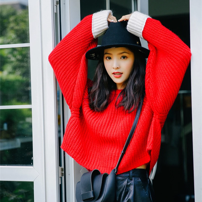 HziriP 2018 New Fashion Keep Warm Patchwork Women Sweater Knitted Red Lady Tops Pullovers O-Neck Vintage Soft Female Sweaters | Женская