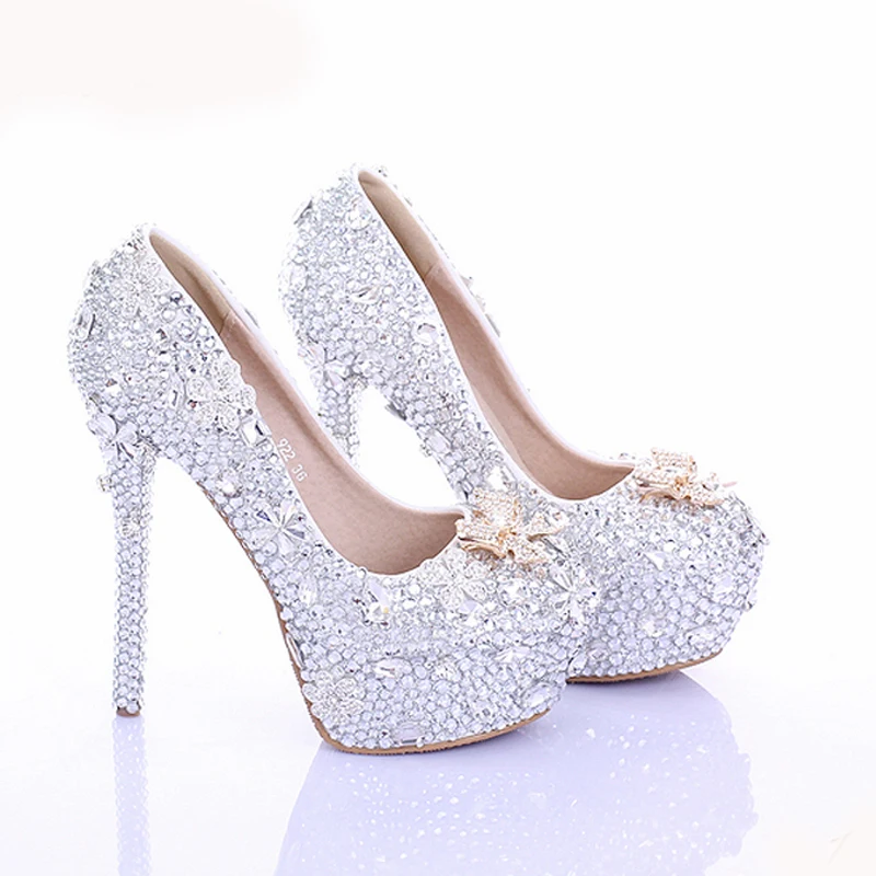 

Cinderella High Heels Crystal Wedding Shoes 14cm Thin Heel Rhinestone Bridal Shoes Round Toe Formal Occasion Prom Shoes