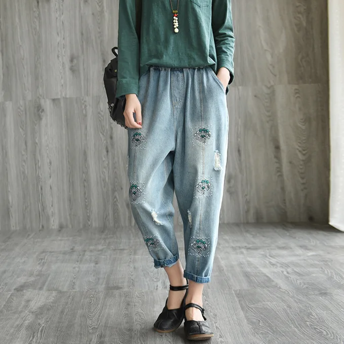 Весна Лето Джинсы Модные женские свободные повседневные джинсовые брюки с