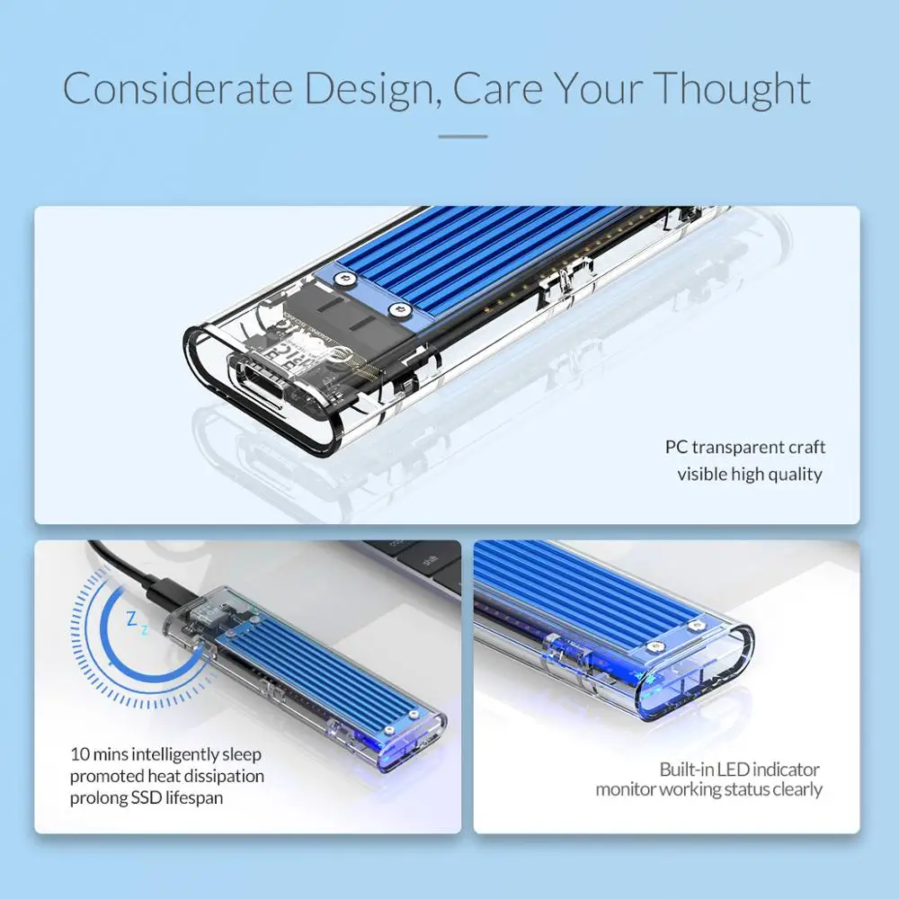 ORICO M.2 SSD Case 10Gbps Support UASP Protocol USB3.1 Gen2 Type-C Mini Transparent SSD Enclosure With C to C and C to A Cable