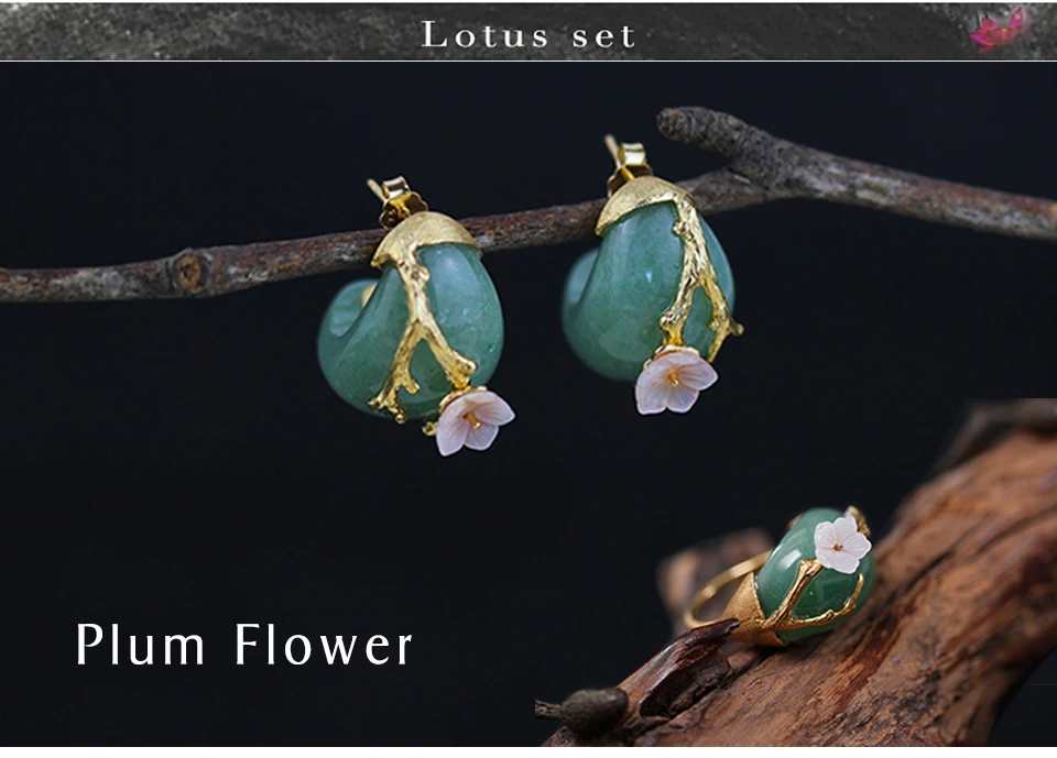 Lotus Fun реальные 925 серебро Натуральный камень творческий ручной Ювелирные украшения сливы цветок комплект ювелирных изделий с кольцо серьгу