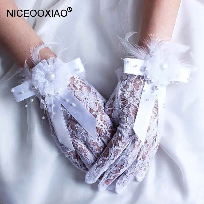 Niceooxiao короткие бисером бабочки цветы кружева свадебные перчатки мода пальцев