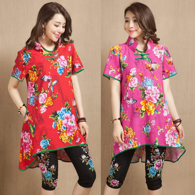 

2018 Vintage print women's fluid plate buttons short-sleeve tang suit medium-long national summer trend chinese style cheongsam