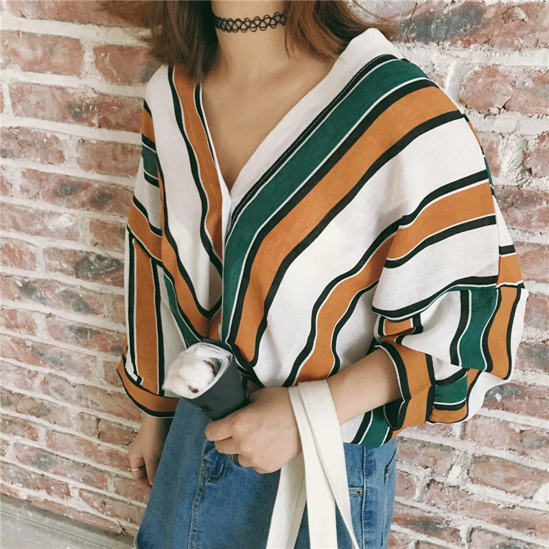 Женская блузка в полоску винтажная большого размера с длинным рукавом летучая