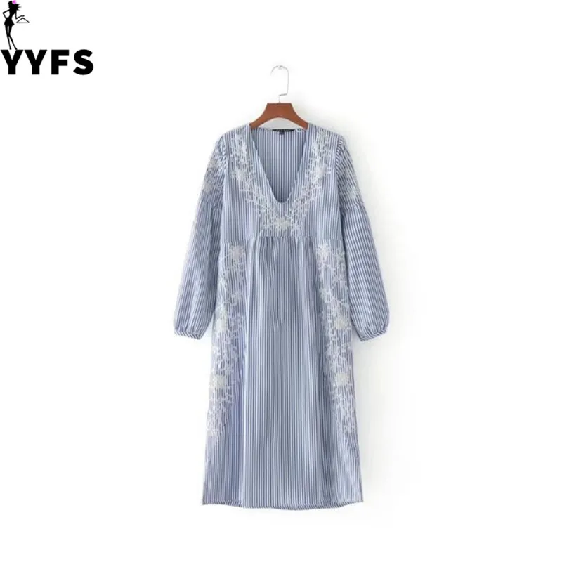 Новые модные женские туфли платье миди длины с вышивкой свободные полосатые Vestidos