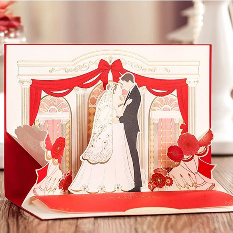 3D Обручение Пригласительных билетов красный Романтическая свадьба Приглашения