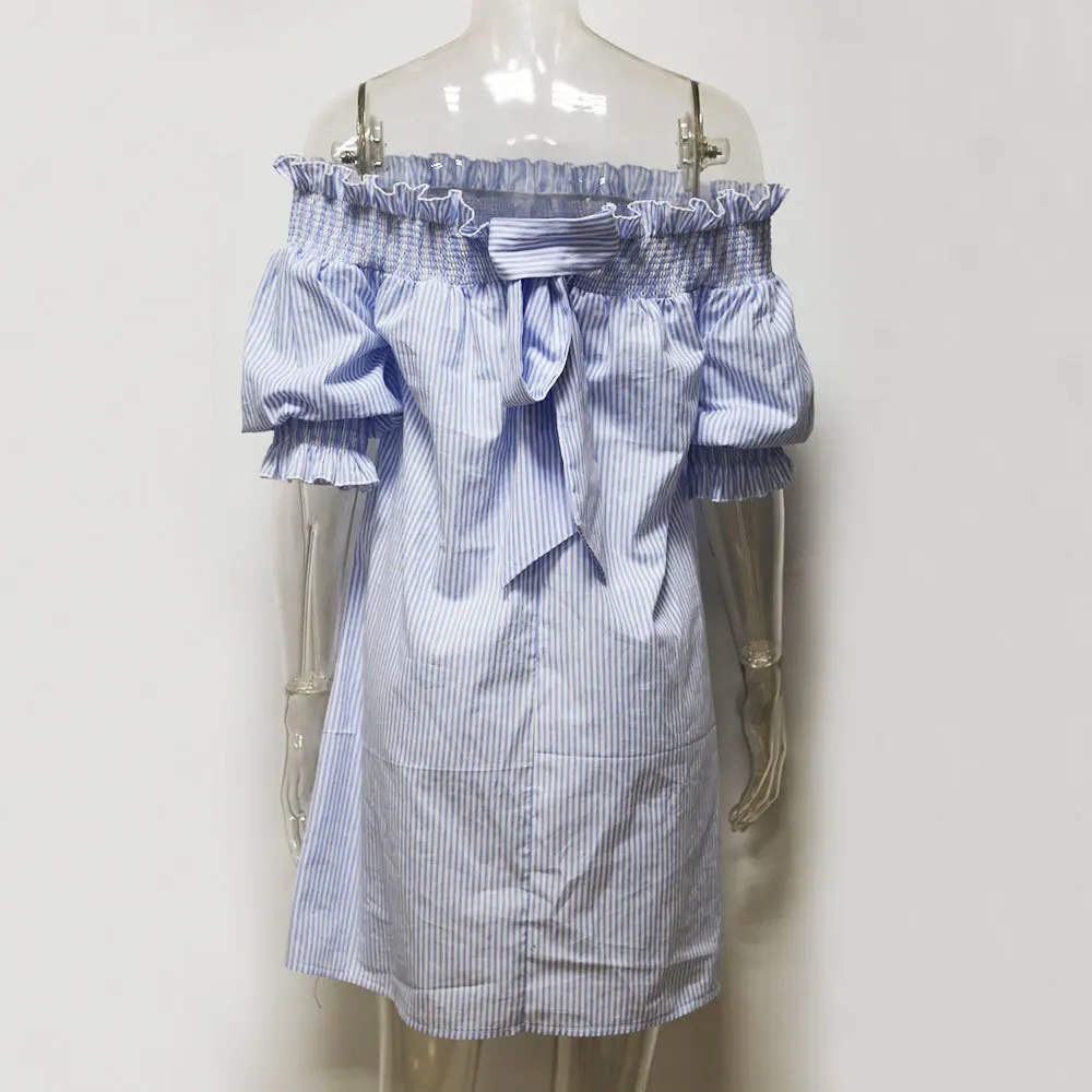 2017 летнее стильное платье с открытыми плечами Полосатое Короткое мини-платье