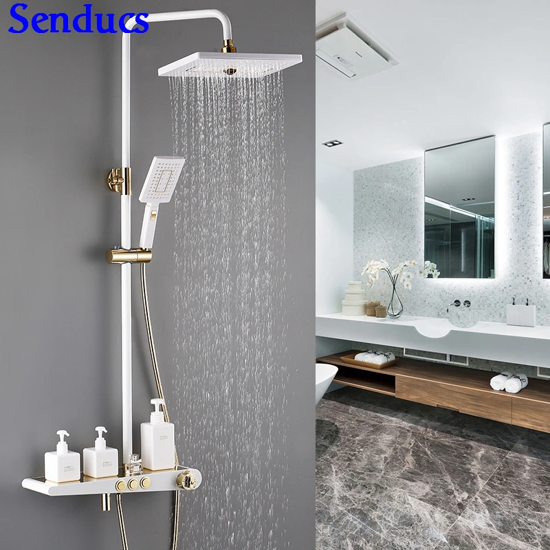 F2-thermostatic Senducs набор для ванной из белого золота, роскошный латунный душевой набор для ванной, дождевик, белый золотой Термостатический душ - Цвет: F2-thermostatic