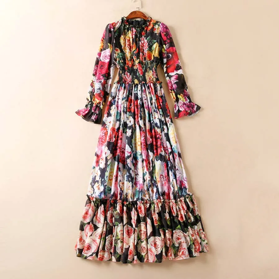 as photo AELESEEN богемные Модные макси Vestido сезон: весна–лето Фонари рукавом Цветочные Роскошные печати оборками Тонкий длинное платье для Для женщин - Цвет: as photo