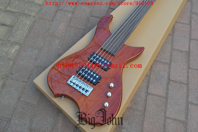 Большой Джон 6 Строки fretless электрическая бас-гитара в естественных с зебры дерева тела и пассивный пикап F-3312