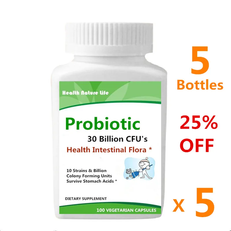 5 bottles Пробиотик 10 штаммов и 30 млрд CFU Флора кишки, 100 шт - Цвет: 5 bottles