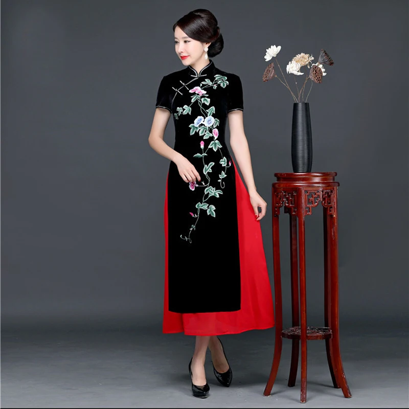 Женское велюровое платье-Ципао длинное платье большого размера 4XL с цветочной