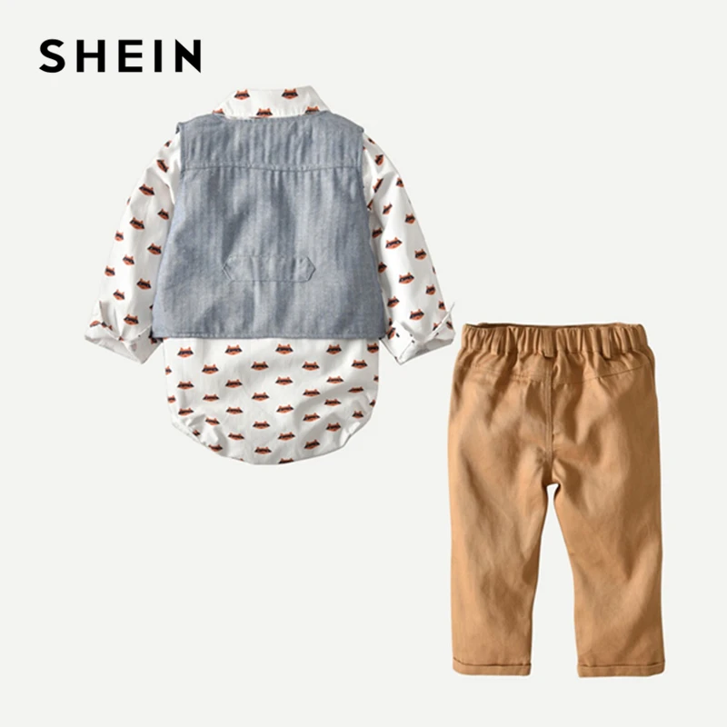 SHEIN/комплект из 3 предметов для маленьких мальчиков с рисунком из мультфильма: комбинезон+ жилет+ штаны, Весенняя модная повседневная детская одежда с бантом