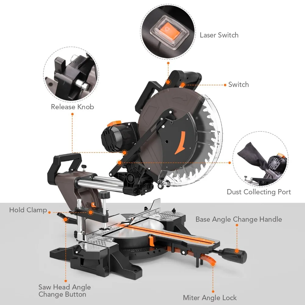 Tacklife PMS03A скользящая торцовочная пила 12 дюймов 15Amp пилы 3800 об./мин двойной-коническая соединение Торцовочная с лазерными электическими пилами