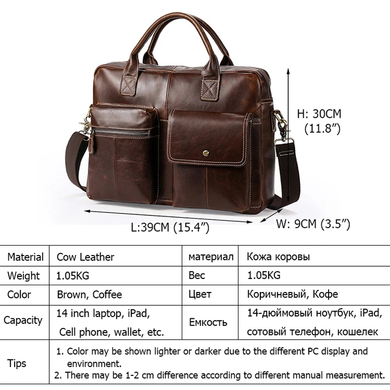 2018 New Men Briefcases Genuine Leather Men's Handbag Vintage Laptop Briefcase Business Messenger Shoulder Bags Men's Bag