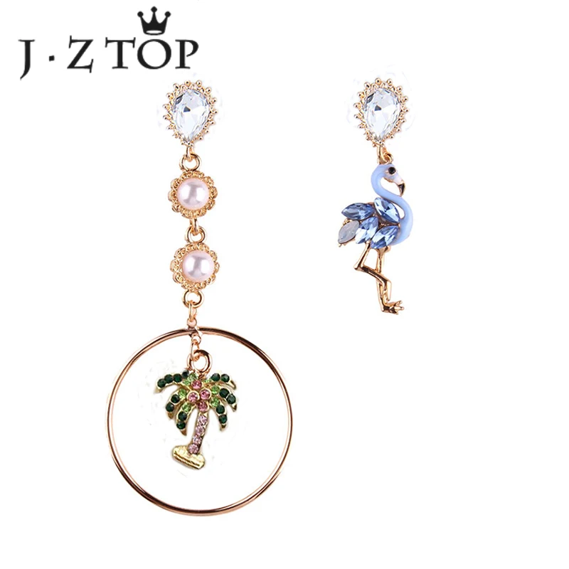 JZTOP милые серьги с кристаллами Фламинго кокосовое дерево Женская Роскошная