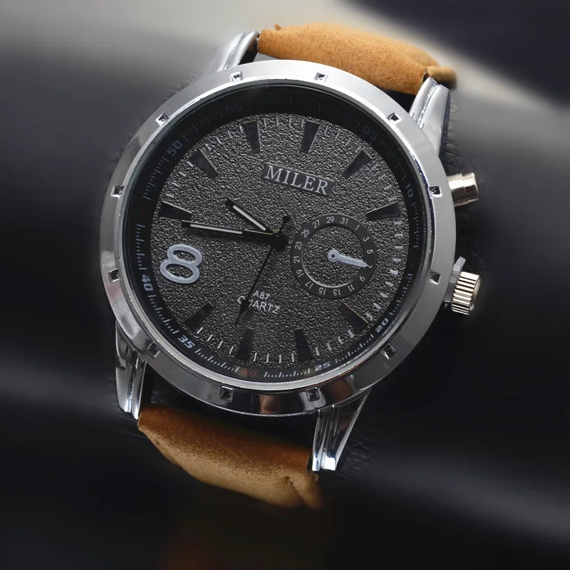 Мужские часы из искусственной кожи спортивные кварцевые с круглым