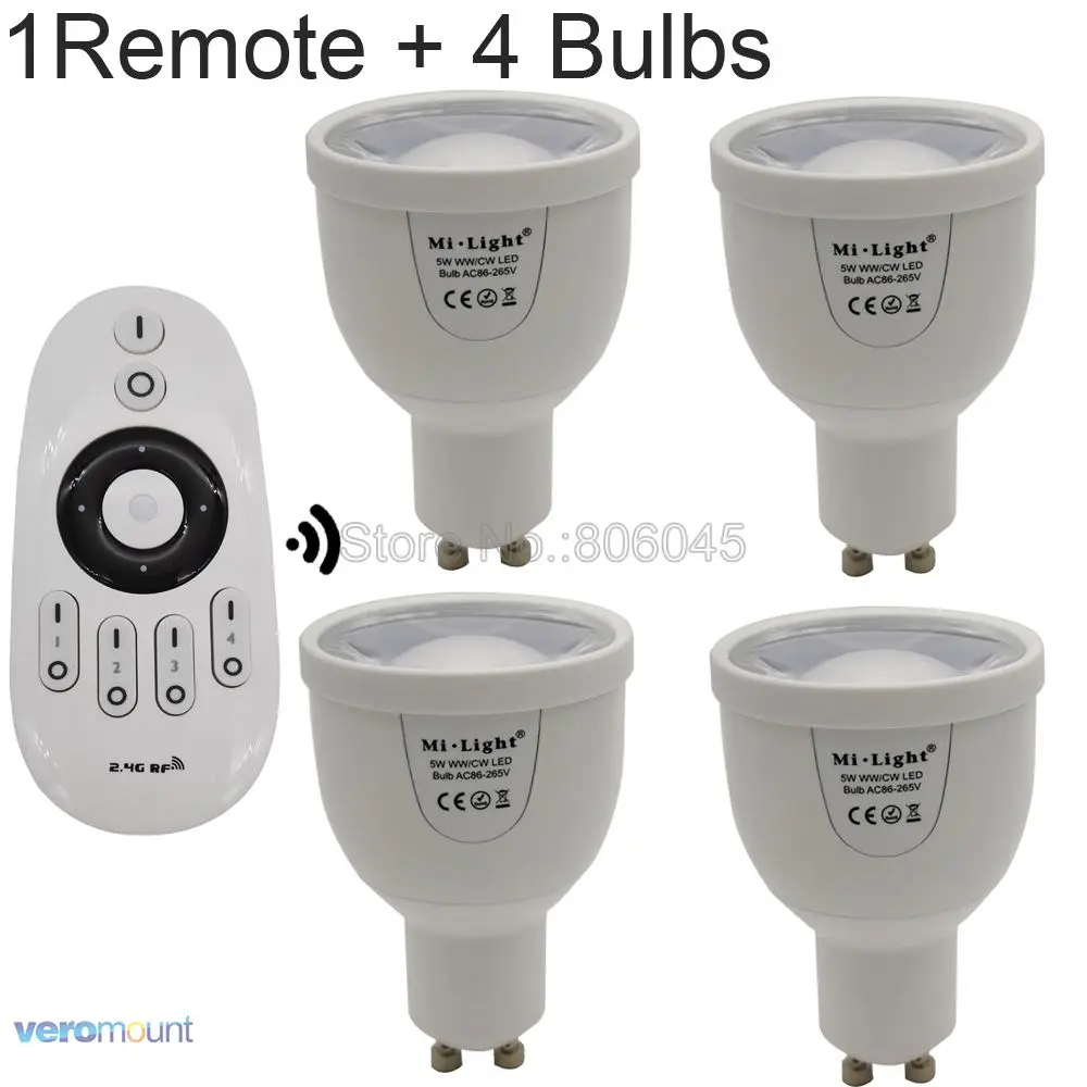 AC85-265V Milight GU10 5 Вт Регулируемая Цветовая температура двойной белый(CW/WW) CCT светодиодный светильник FUT011 2,4G беспроводной пульт дистанционного управления WiFi - Испускаемый цвет: 1Remote 4Bulbs