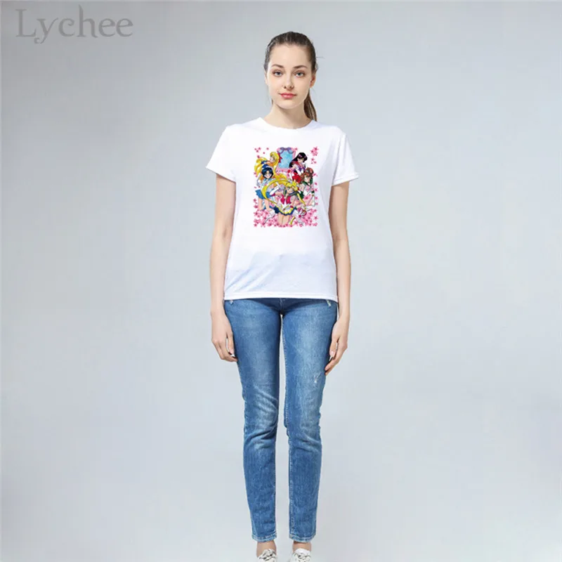 Lychee Harajuku Сейлор Мун мультфильм Печать Женская футболка повседневная с коротким рукавом o-образным вырезом белая футболка женский топ