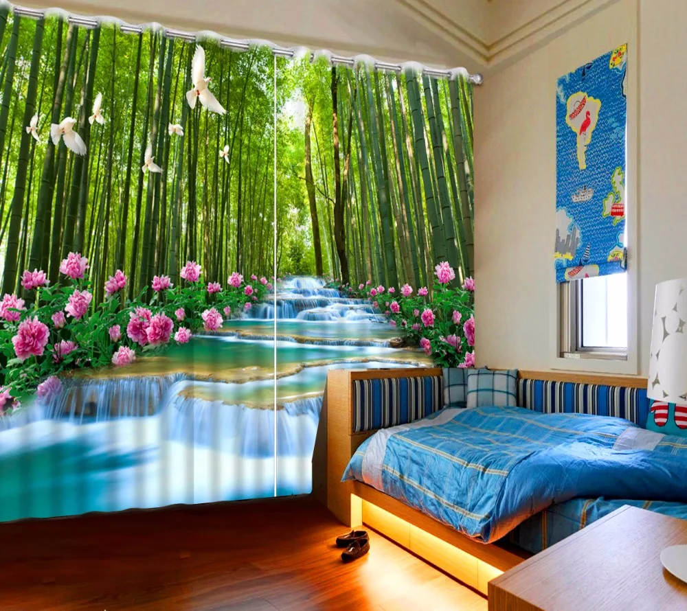 

Nature scenery Curtain waterfall bamboo Curtains New Window Decoration For Living room Bedroom Blackout 3D Sheer Window Curtain