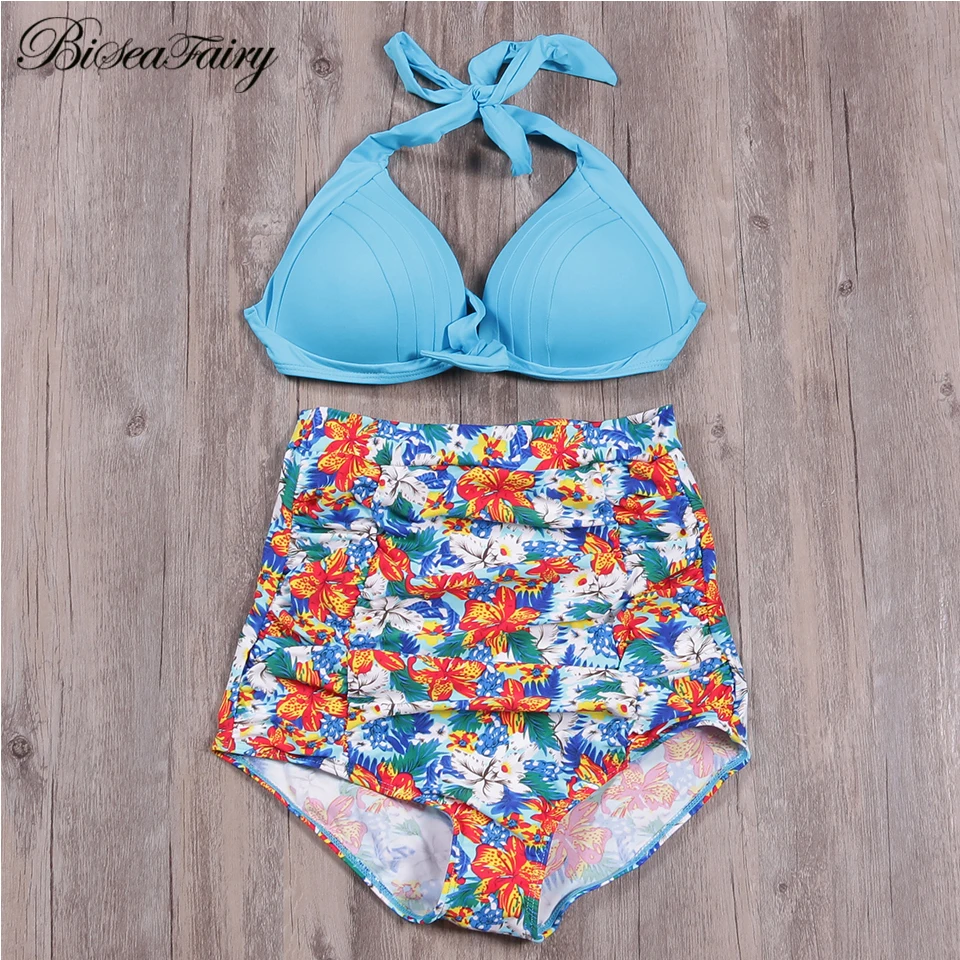 BISEAFAIRY, комплект бикини,, новинка, пуш-ап, высокая талия, купальник, бикини, для женщин, Одноцветный, с принтом, купальник, Ретро стиль, на бретелях, купальник