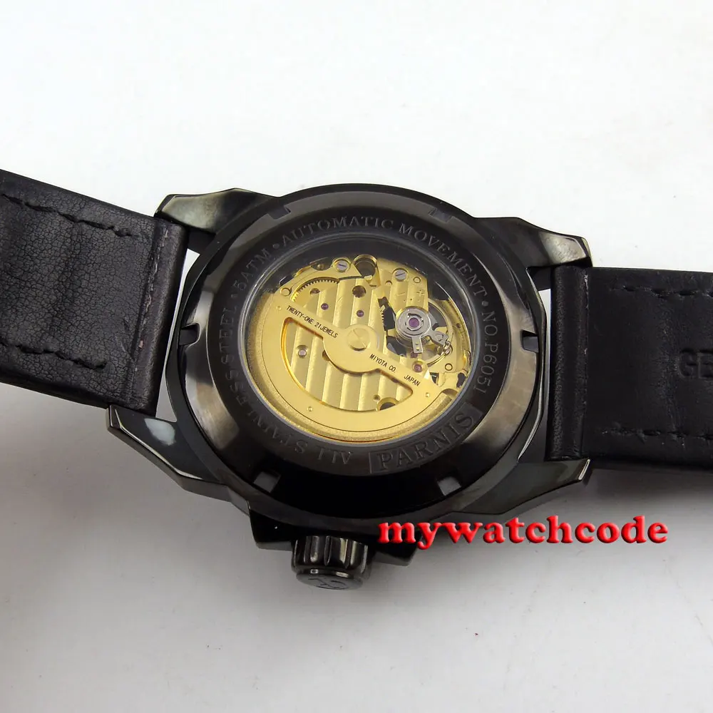 

44mm Parnis black dial PVD case miyota Sapphire Glass Automatic mens Watch P669