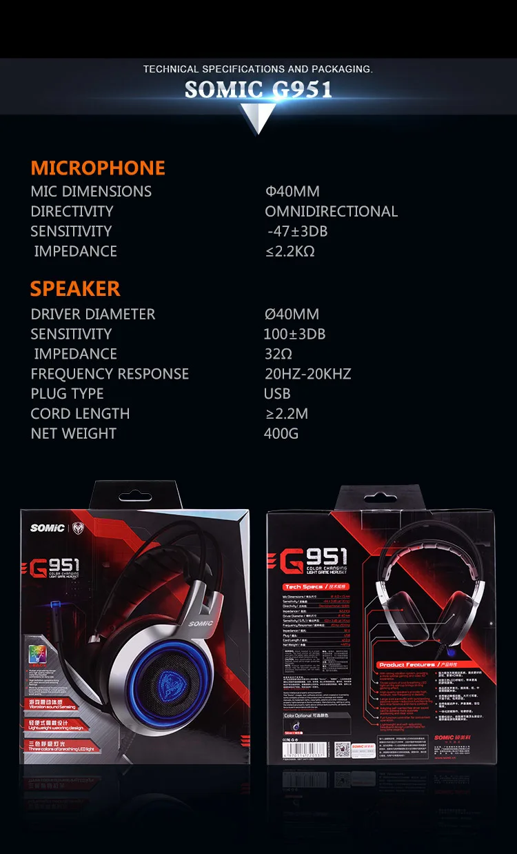 SOMIC G951 стерео звук Игровые наушники двойной луч вибрации гарнитура с микрофоном USB 3 цвета светодиодный светильник наушники для ПК Игр