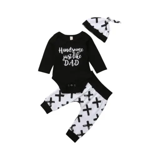 

Fashion Newborn Baby Boys Clothing Sets Tops Romper Long Pants Leggings Hat 3pcs Letter Print Outfits Baby Clothes Autumn