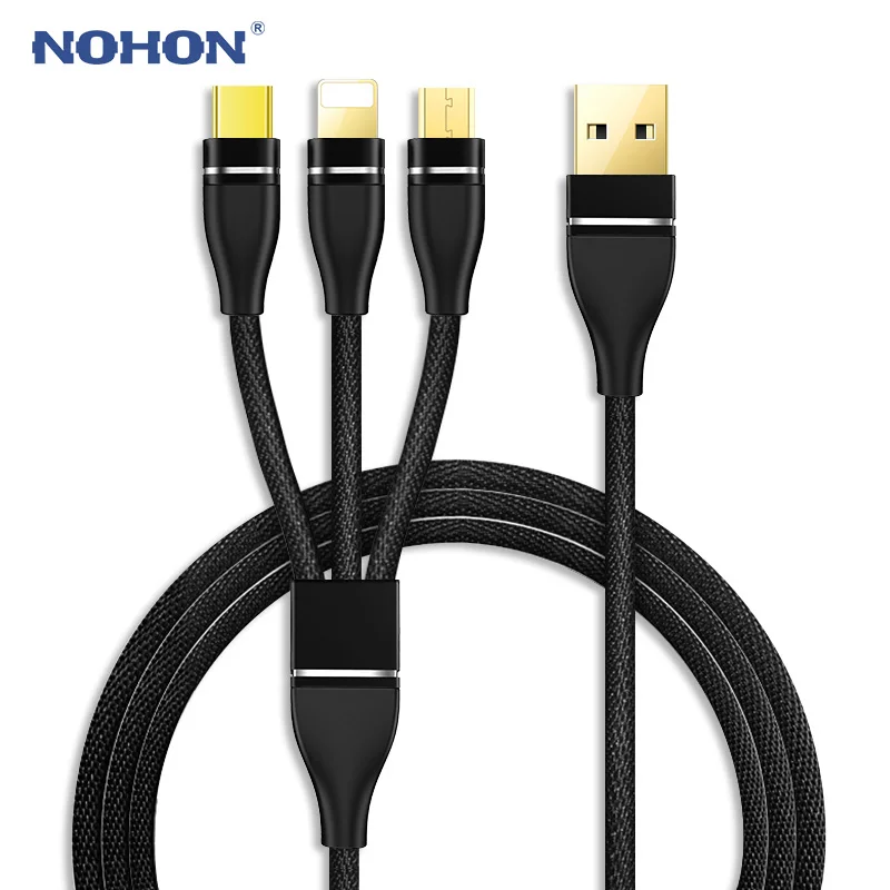 NOHON 3 в 1 USB кабель позолоченный USB кабель для зарядного устройства для iPhone 8 7 6 6S Plus iOS 10 9 8 type C Micro USB-C кабели для телефонов Android - Цвет: 3 IN 1 Black