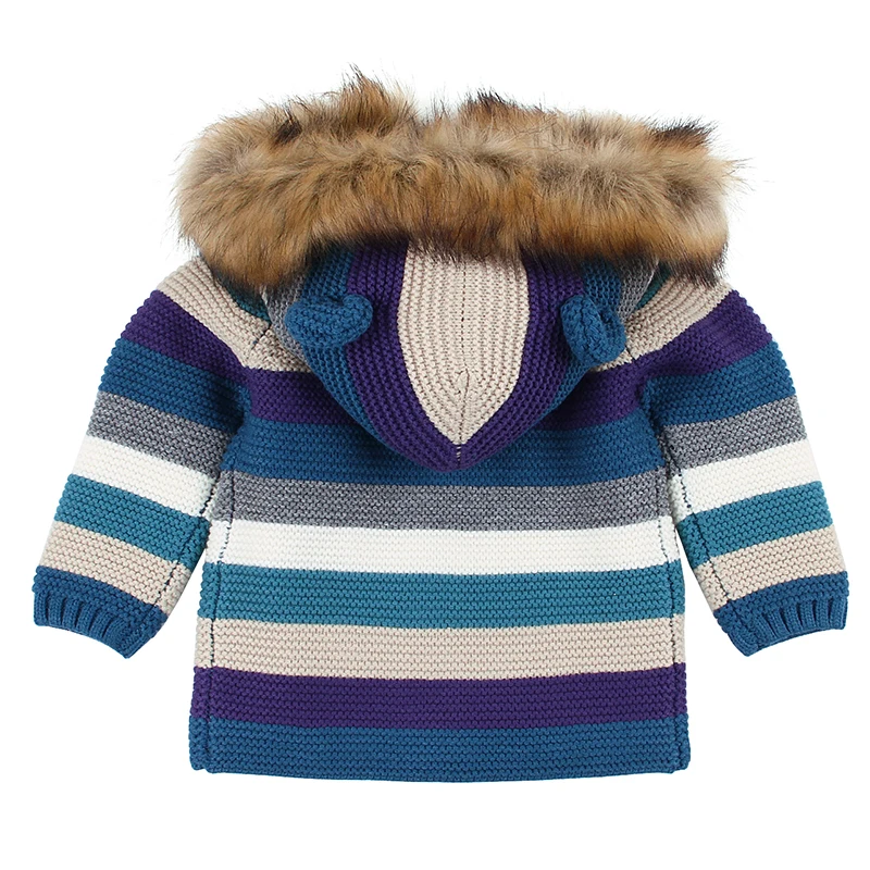 

Winter Warm Newborn Baby Sweater Fur Hood Detachable Grey Infant Boys Girl Knitted Cardigan Fall Outwear Children Knitwear 0-24M