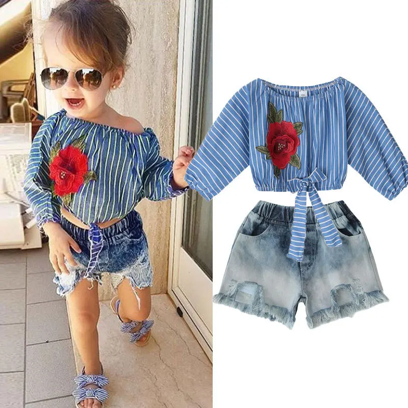 Новинка 2019 костюм для девочки с цветком розы топ в полоску джинсовые шорты 2