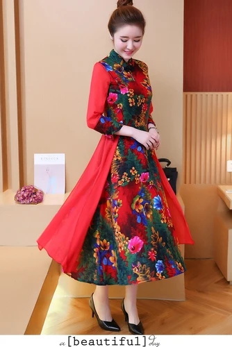 Лоскутное китайское Стильное женское платье трапециевидной формы миди