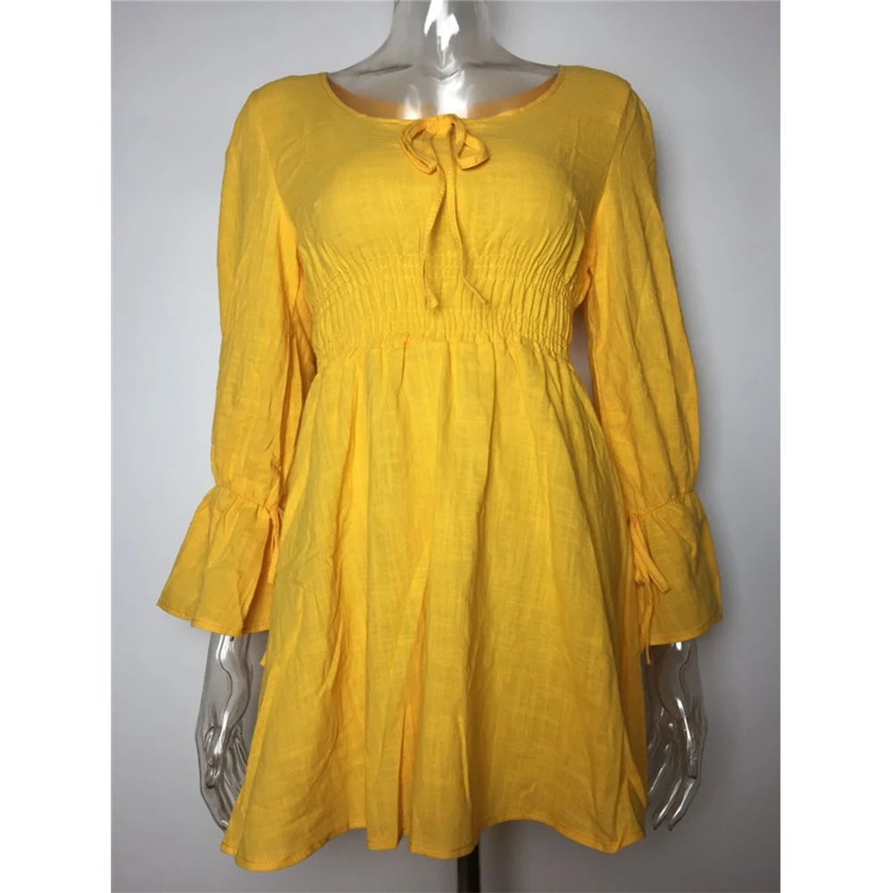 Женское осеннее платье в стиле бохо NORA желтое однотонное трапециевидной формы с