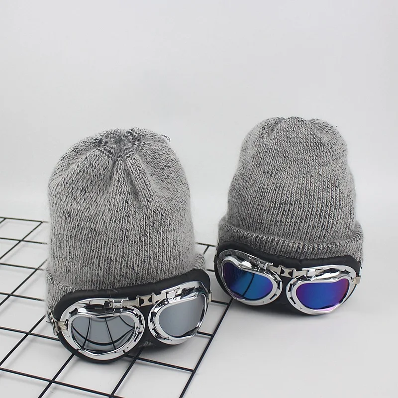 Новинка, женская зимняя шапка, толстая, двухслойная, кашемировая, Skullies, женская шапка с крутыми солнцезащитными очками, теплая, кроличий мех, вязаная шапка