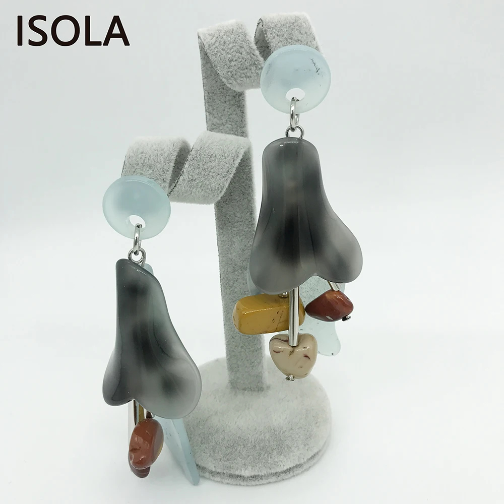 Акриловые серьги подвески ISOLA с двумя листьями три бутона внутри Эффектные