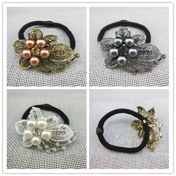 

3 Pcs Women Crystal Pearls Ponytail Holder Elastic Hair Rope Bouquet Hairband Hair Ring Hair Accessory 3 colors Free Shipping