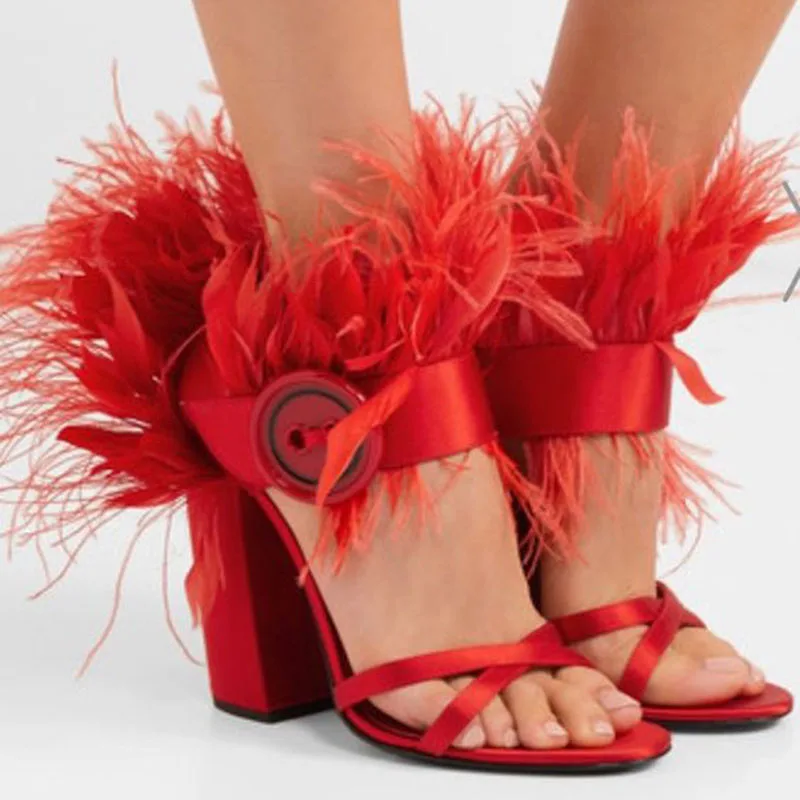Stylesowner Подиум Т-Шоу Летняя обувь сандалии на массивном каблуке с открытым носком лодыжки перо Sandalias круглый пряжки сексуальные новые zapatos mujer