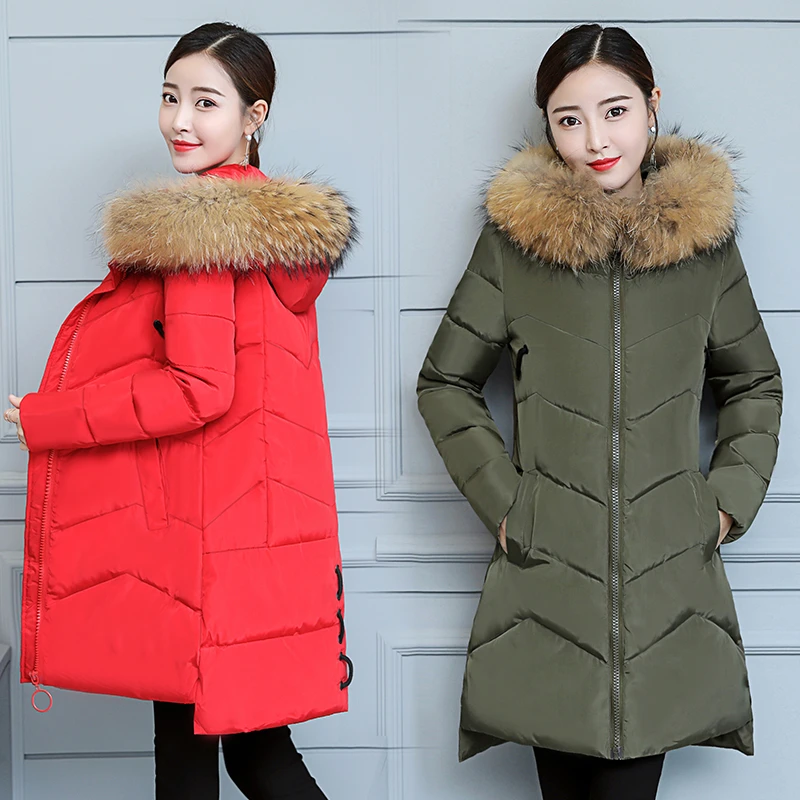Parka Women 2020 Winter Red Jacket Long Coat Plus size Big Fur Collar Hooded Down Female Cotton Padded Coats | Женская одежда