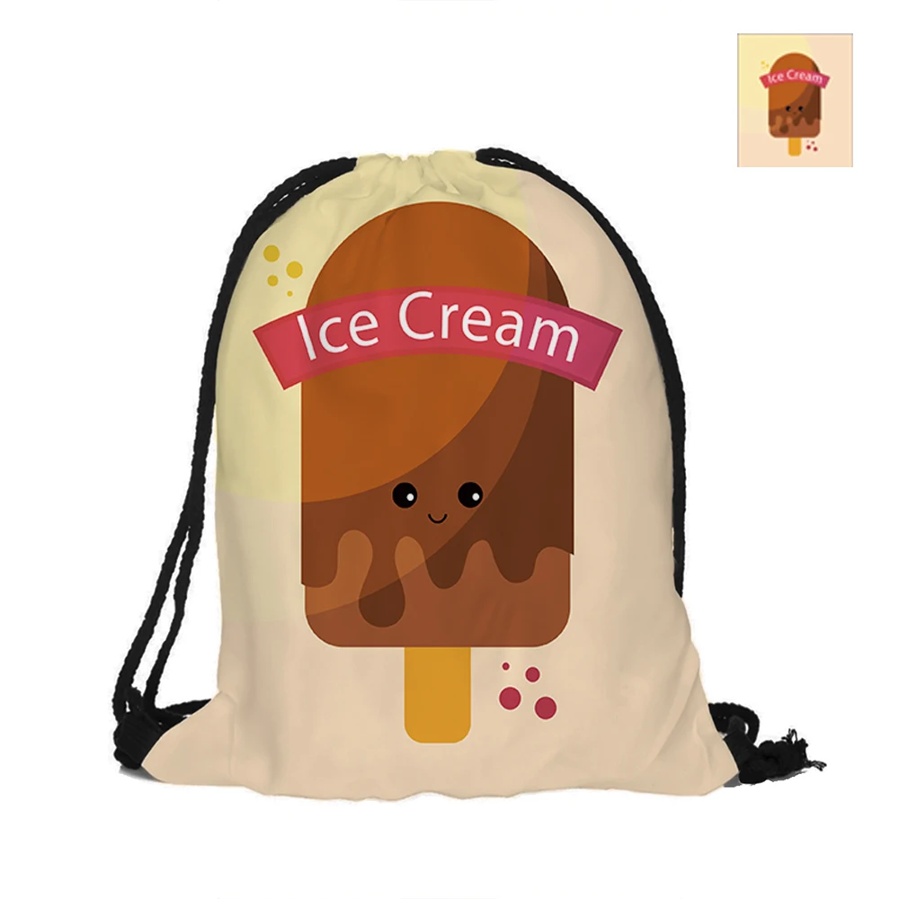Ice Cream Printed Drawstring Backpack Double Sided Printing Polyester Pouch Backpacks For Travel And School Welcome Summer | Багаж и сумки