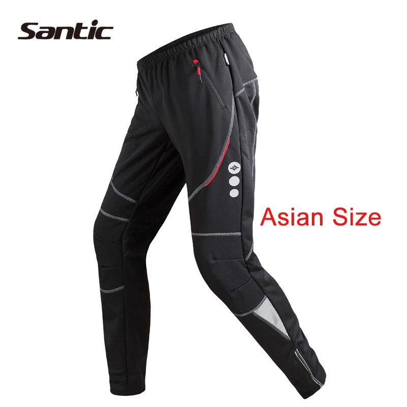 Black Asian Size Мужские велосипедные брюки Santic для велоспорта, зимние уличные спортивные штаны Mtb для велоспорта, штаны для бега на велосипеде, флисовые тепловые Светоотражающие штаны - Цвет: Black Asian Size