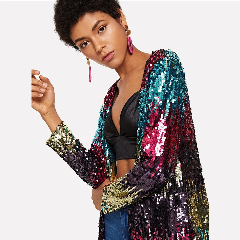 COLROVIE Sequin, Открытое Спереди сексуальное кимоно, винтажный кардиган для девушек, осень, ночная рубашка с длинным рукавом, женское кимоно, блузка