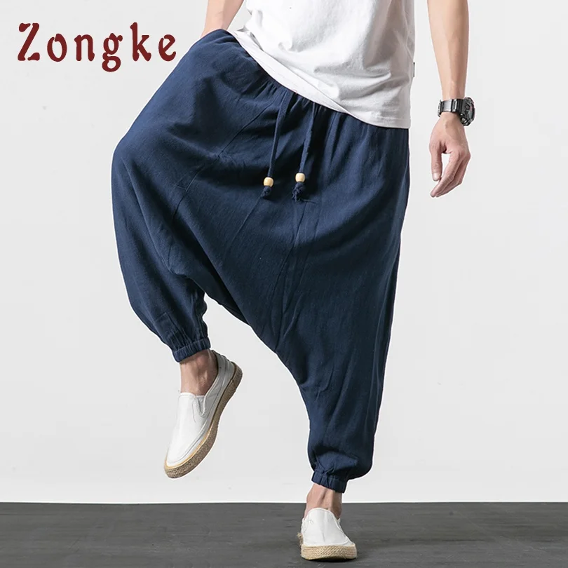Navy Blue Zongke уличная одежда из хлопка и льна, мужские брюки, мужские брюки для бега, хип-хоп спортивные штаны, джоггеры, брюки карго для мужчин, новинка - Цвет: Navy Blue