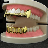 jinao pure gold color plated hip hop teeth half fang slim top grillz hollow fang lower bottom set grills